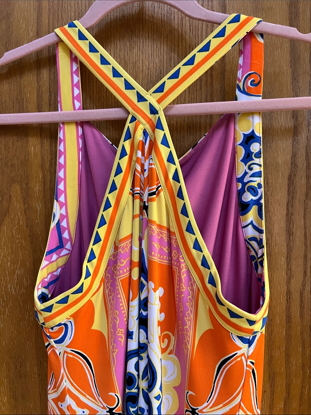Hale Bob Orange Pink Yellow Patterned front crossover Dress. Small. EUC. - Picture 3 of 7